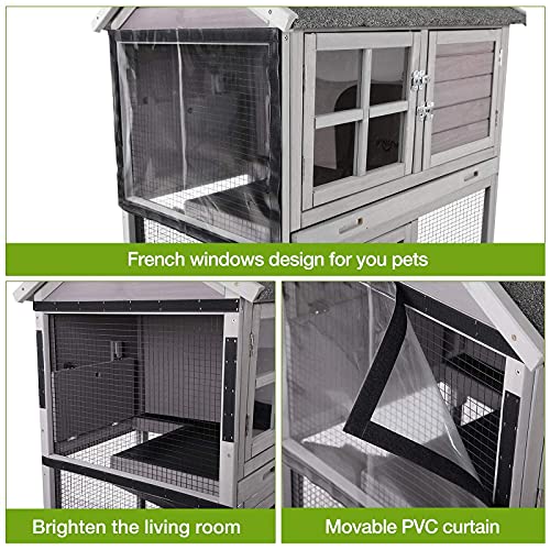 Rabbit Hutch Indoor Outdoor Bunny Cage Rabbit House with Movable Wire Netting (Gray / 38.6"L x 25.6"W x 44.2"H)