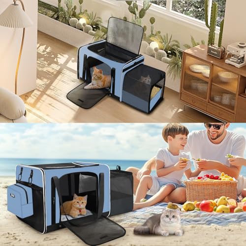 Side Expandable Extra Large Cat Carrier with Litter Box (Blue with Expandable Litter Box Area)