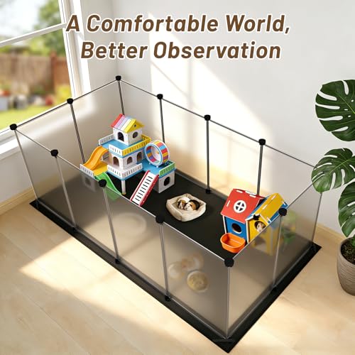 Guinea Pig Cage with Waterproof Mat & 12 Transparent Panels (12 Panels with flat mat / Black)