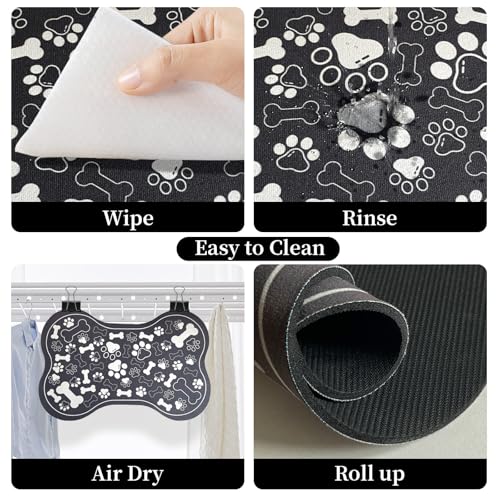 Dog & Cat Food Mat Bone Shaped Pet Feeding Mat Quick Absorb Water Bowl Placemat with Rubber Backing Indoor Floor Stain Resistant Pet Accessory Supplies (Black / 17"L x 17"W)