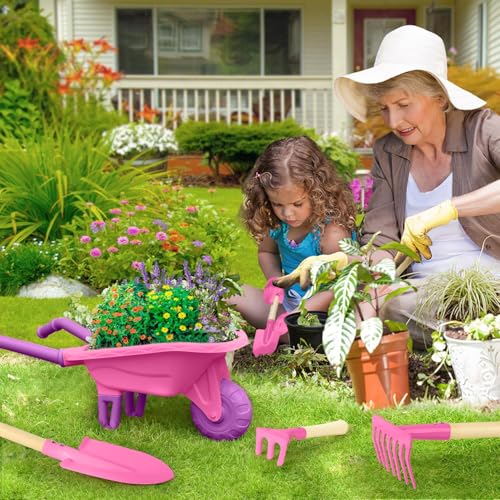 Childrens Gardening Tools Outdoor Toys Set Backyard Play with Wheelbarrow Educational STEM Learning Pretend Toys Outdoor Indoor for ChIid Boys Girls (Rose Red)