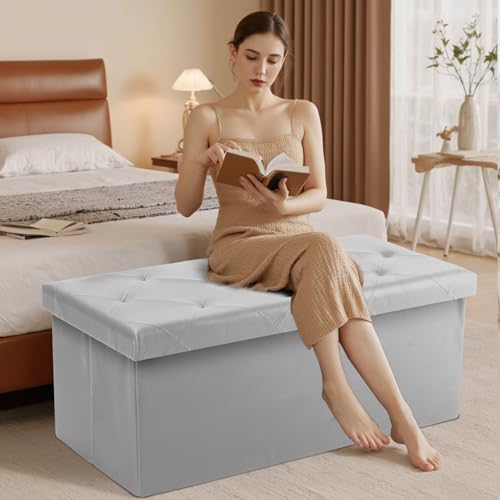 43 Inch Storage Ottoman Bench (Grey / 15.2"D x 43"W x 15.2"H)
