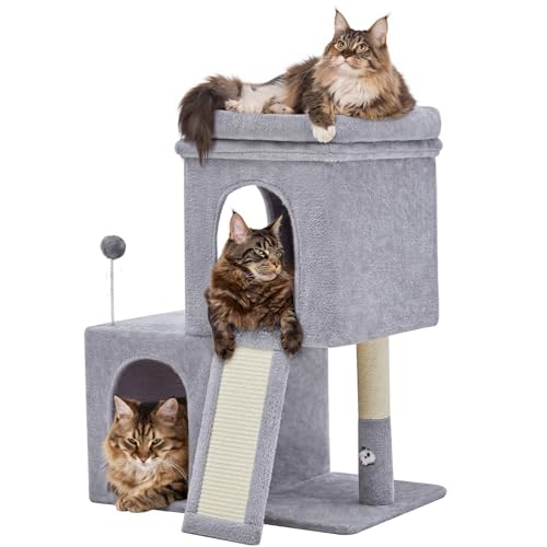 32inch Tall Cat Tree with 2 cat condo for Adult Cats Cozy Cat Tower with Scratching Post and Scrather Board for Cats of Different Ages.(Light Grey) (31.5'')
