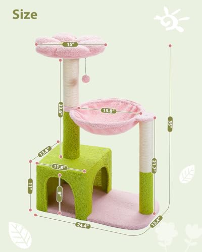 Flower Cat Tree with Large Metal Frame Hammock (35" Upgraded Flower Cat Tree / Pink)