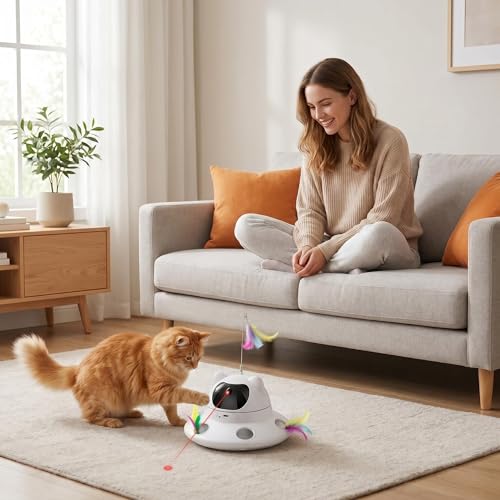 3-in-1 Auto Laser Cat Toy, USB Recharge Motion Activated Kitten Feather Chase Toy - Off-White (Off-white)