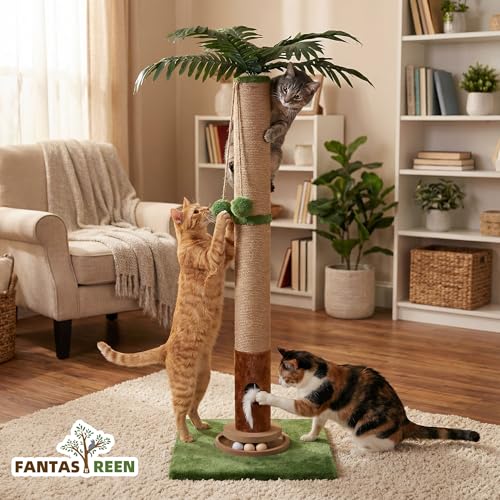 Cat Scratching Post 35'' Tall with Toy Mouse for Indoor Cats (Green-35 Inches)