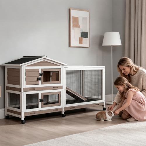 2 Story Wooden Rabbit Hutch Indoor Outdoor (Brown / 62.0"L x 22.6"W x 33.5"H)
