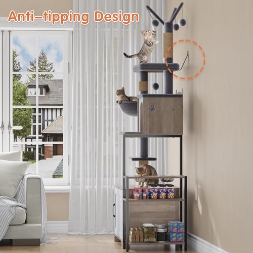 Cat Tree with Food Station and Litter Box Enclosure (Gray)