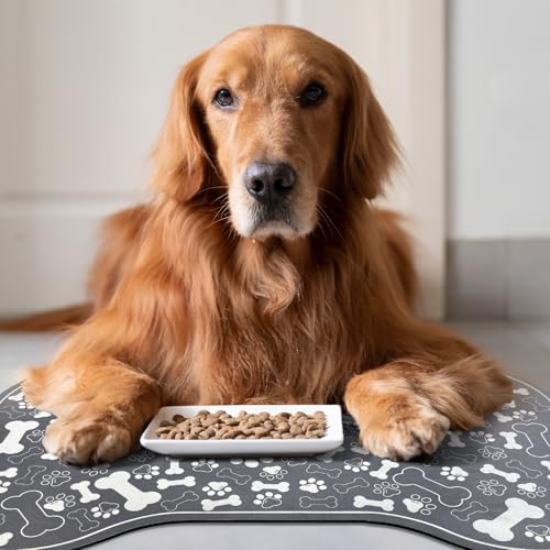 Dog & Cat Food Mat Bone Shaped Pet Feeding Mat Quick Absorb Water Bowl Placemat with Rubber Backing Indoor Floor Stain Resistant Pet Accessory Supplies (Dark Gray / 17"L x 17"W)