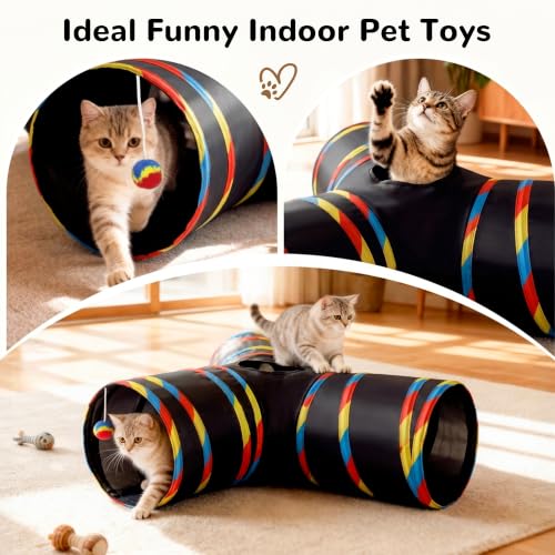 Cat Tunnel, 3-Way Collapsible Toy for Indoor Cats, Black & Rainbow (Black & Rainbow / Small)