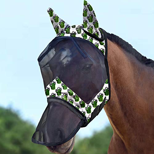 LumiVista Horse Fly Mask Long Nose with Ears UV Protection for Horse Green Cactus L Full Size (Green Cactus / Full (Large))