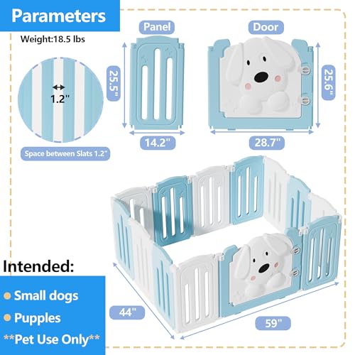 Foldable Puppy Play Pen Indoors with Cute Dog Pattern Door (blue&white / 12 Fence Panels+1 Door)
