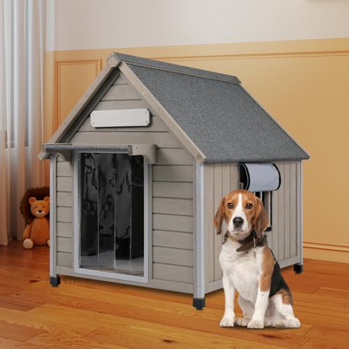 Outdoor Dog House Weatherproof Large Wooden Dog Kennel Indoor for Small Dogs with Chew (Grey / 30.5" D x 37.4" W x 39.3" H)