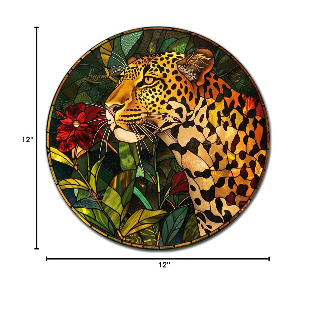 Metal Sign Tin Sign Circular Stained Glass Leopard Minimalist Wall Art for Garden 12×12 Inches (12×12 Inches / Leopard-1)