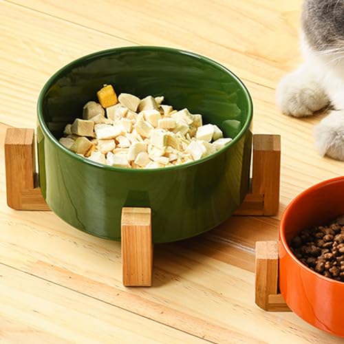 Ceramic Cat Dog Bowl Set with Stand (Rust Green / Puppy/Small Size Dogs & Cat Bowls 400ML*2)