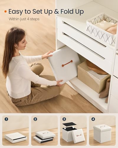 Small Folding Storage Ottoman (Cream White / 15"D x 15"W x 15"H / Cosy)