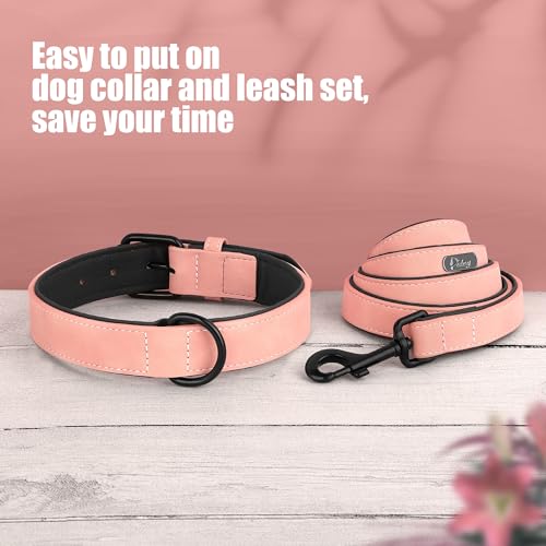 PU Leather Dog Collar and Leash Set (M: Neck 11-15", Width ¾" / Pink Set)