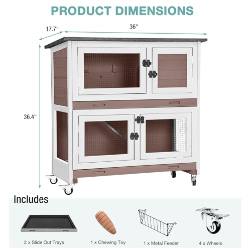 2 Tier Rabbit Hutch Indoor Bunny Cage with Wheels for Small Animals (Beige)