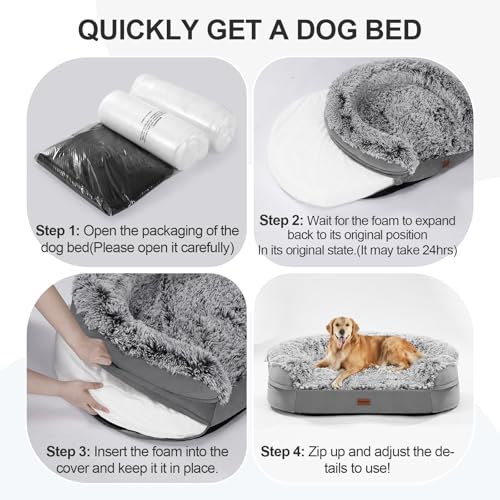 Fluffy Calming Orthopedic Dog Beds Large Sized Dog (Grey / 44.0"Lx32.6"Wx7.6"H)