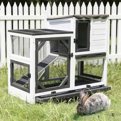 Rabbit Hutch Indoor Outdoor 2 Story Bunny House on Wheels Wood Rabbit Cage with 2 Pull Out Trays Guinea Pig Cage