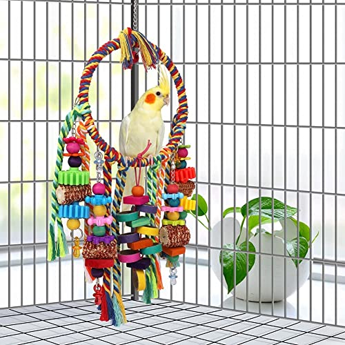 Bird Toys Bird Rope Ring Swing Perch with Corn Cob Cardboard Bagels Wooden Blocks Chewing Toys for Parakeets