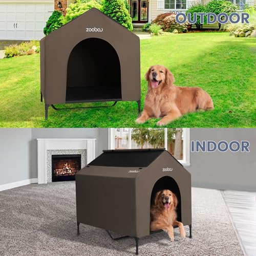 42" 2-in-1 Dog House for Medium Dogs, Elevted Dog House Outdoor/Indoor, Puppy Shelter Outside,Water Resistant 600D PVC and Durable 2x1 Textilene Raised Dog Bed(Brown) (X-Large: 42inch)
