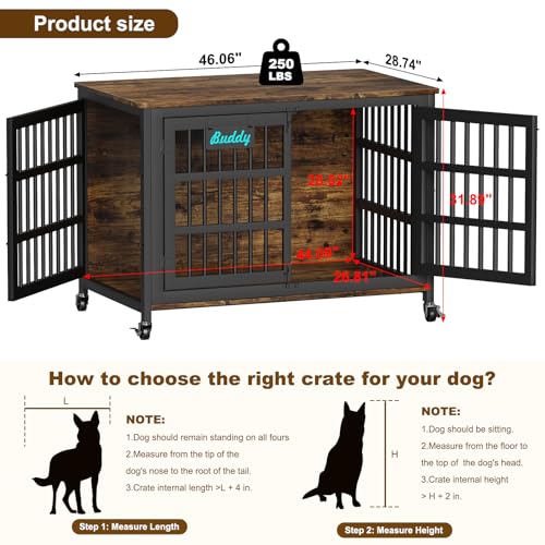 46"/42"/33" XXL Heavy Duty Dog Crate Furniture with Casters (46.1"L x 28.7"W x 31.9"H / Brown)