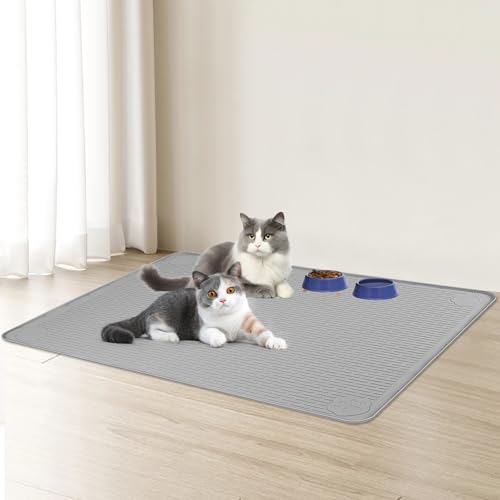 Cat Food Mat Extra Large Silicone Pet Bowl Mat 34''x22'' (Light Grey / 34"L x 22"W)
