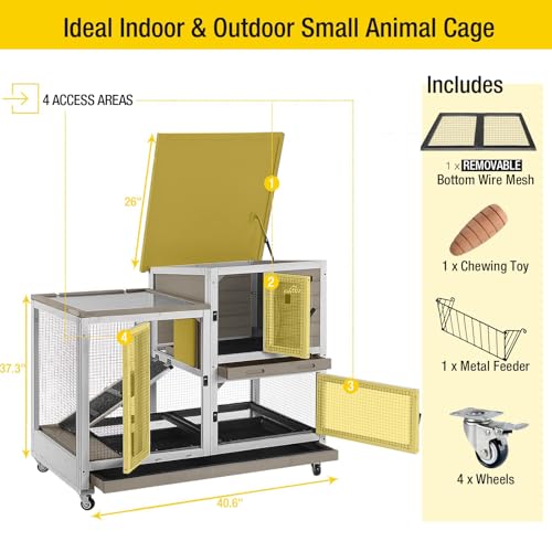 Upgrade Rabbit Cage Indoor Bunny Hutch with Run with Two Deeper No Leak Trays (Mocca / 40.6"L x 26.0"W x 37.6"H)
