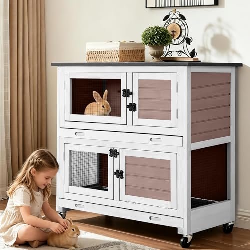 2 Story Rabbit Hutch for 1 (Brown / 36.0"L x 17.7"W x 36.4"H)