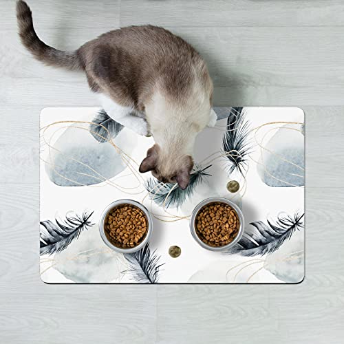 Dog Food Mat 12" x 19" Absorbent Dog Cat Bowl Mat for Food and Water (Abstract Art Plume / 12"L x 12"W)