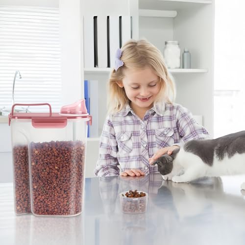 5-7Lbs/6Qt Dog Cat Storage Container Portable with Upgraded Large Spout and Cup, Plastic Pet Food Dispenser for Small Animal Kibble, Bird Seed, Oatmeal, Rice, Flour, Brown Sugart- Clear pink (Clear Pink / 5L-1pack)