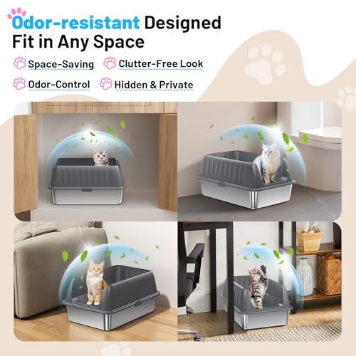 Stainless Steel Litter Box 10in Enclosed Cat Litter Box with High Sided Lid Odor Control Non (Deep Grey / Medium)
