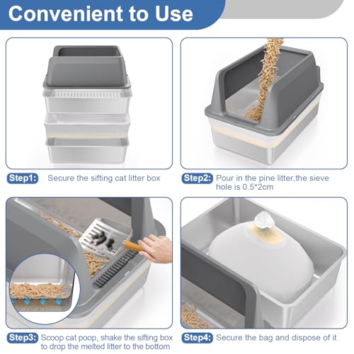 Stainless Steel Sifting Litter Box with Lid (XXL:23.6''×15.7''×16'')