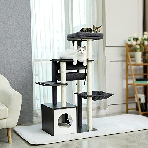 51.4in 6 Level Cat Tree for Indoor Cats with Swing Tunnel (Grey / L(25.6"L x 15.7"W x 51.4"H))