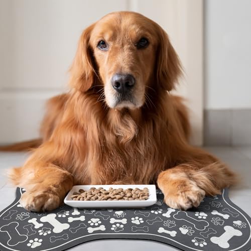 Dog & Cat Food Mat Bone Shaped Pet Feeding Mat Quick Absorb Water Bowl Placemat with Rubber Backing Indoor Floor Stain Resistant Pet Accessory Supplies (Dark Gray / 16"L x 24"W)