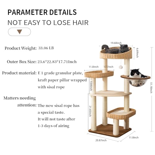 51 Inch Woven Cat Tree Tower for Large Cats with Clear Capsule Bed