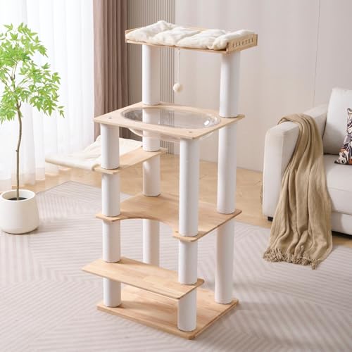 Modern Natural Wooden Wood Cat Tree Tower Condo (57 Inches - Solid Wood)