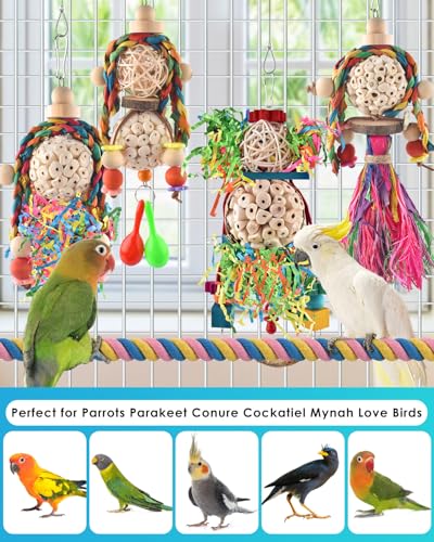 Conure Toys 5 PCS Bird Foraging Shredder Hanging Swing Rope Perch Toys Sola Balls with Sand Hammer for Small Parrots Parakeets Conures Cockatiels Love Birds Cage Toy (5 PCS)