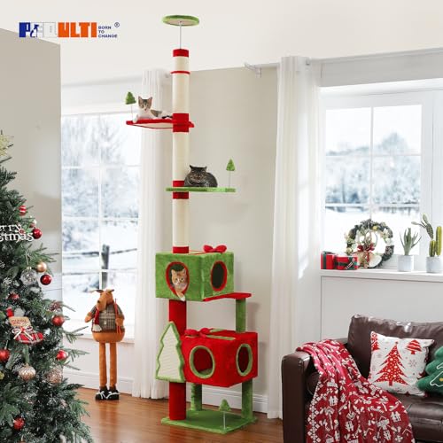 90.9'' 107.8'' Floor to Ceiling Cat Tree for Large Indoor Cats (L Plus(91''-108'') / Christmas Red)