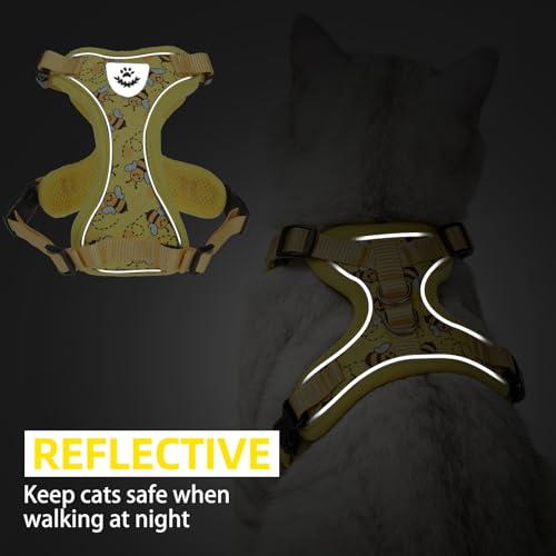 Cat Harness and Leash Set Escape Proof Reflective Cat Walking Harness Adjustable Soft Breathable Mesh Vest for Small Pets (M (NECK 11"-13.7", CHEST 16"-20") / Yellow Bee)