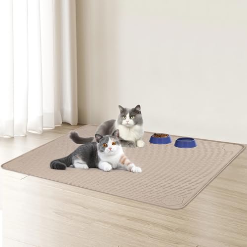 Cat Food Mat Extra Large Silicone Pet Bowl Mat 57''x40'' (Khaki / 57"L x 40"W)