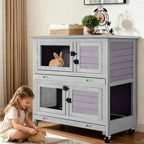 2 Story Rabbit Hutch for 1 (Gray / 32.5"L x 15.4"W x 35.4"H)