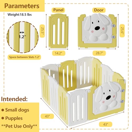 Puppy Play Pen for Indoor with Cute Dog Door (yellow&white / 10 Fence Panels+1 Door)
