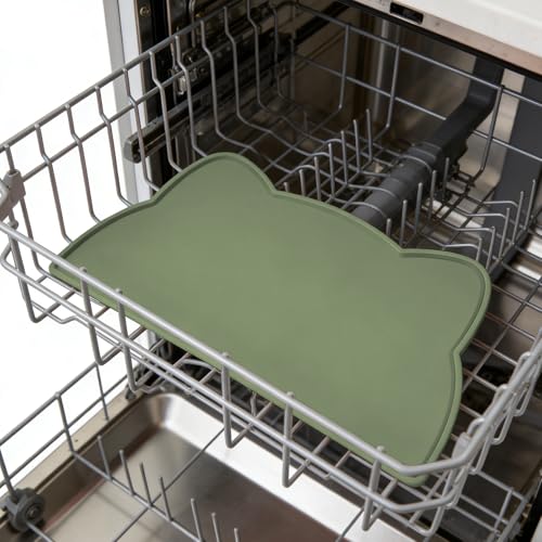 Cat Food Mat Silicone Non Slip Dog Bowl Mat Waterproof Cat Feeding Mat Stop Food Spills and Water Messes Out to Floor Pet Food Mat (Olive Green / 17" x 10")