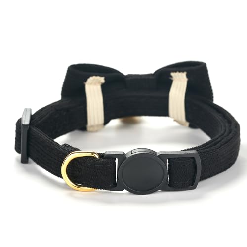 2 Pack Soft Corduroy Cat Collars with Bow Tie & Bell Adjustable Breakaway Kitten Bowtie Collar for Male Cats (S:Neck 7.0" - 11.0" / Corduroy-Black Brown)