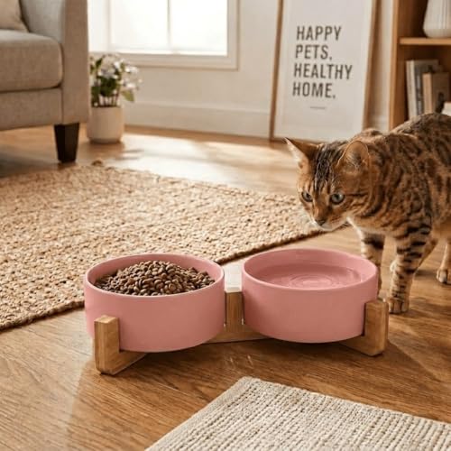 Ceramic Dog and Cat Bowl with Wood Stand Non (1.7 cups / Pink × 2)