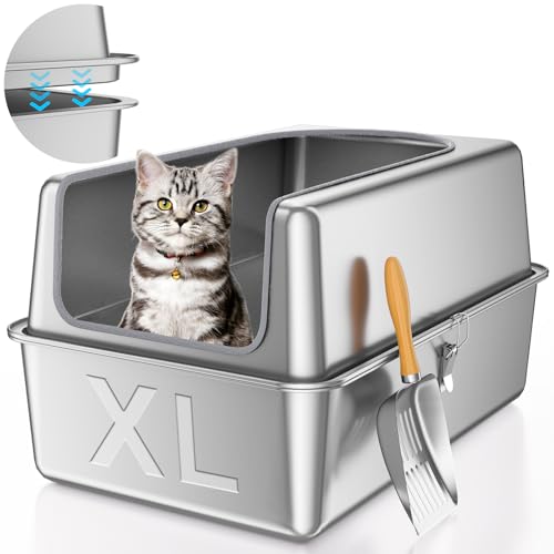 12'' High Sides XL All Stainless Steel Cat Litter Box with Lid (XL:23.6''×15.8''×12'')
