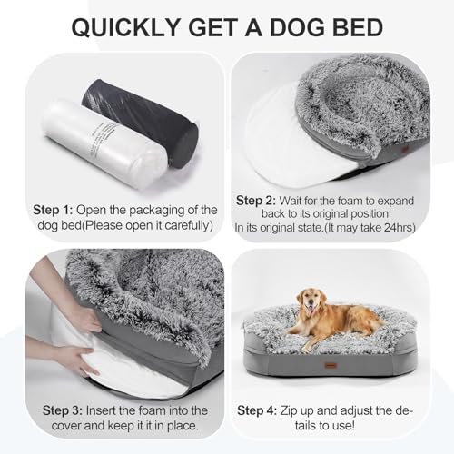 Fluffy Calming Orthopedic Dog Beds for Medium & Large Dogs (Grey / 41.0"Lx32.6"Wx7.6"H)