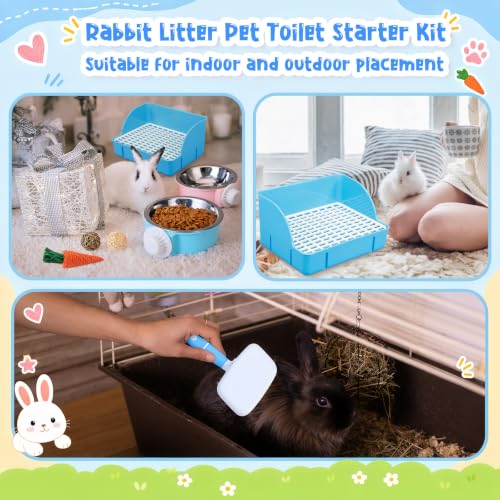 15 Pcs Rabbit Starter Kit Small Rabbit Litter Box Girls Gift Animal Grooming Kit Bunny Toys Bowl Blankets with Cleaning Set for Guinea Pig Accessories (Bright Blue)